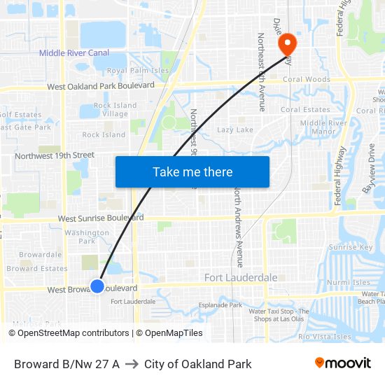 Broward B/Nw 27 A to City of Oakland Park map