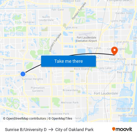 Sunrise B/University D to City of Oakland Park map