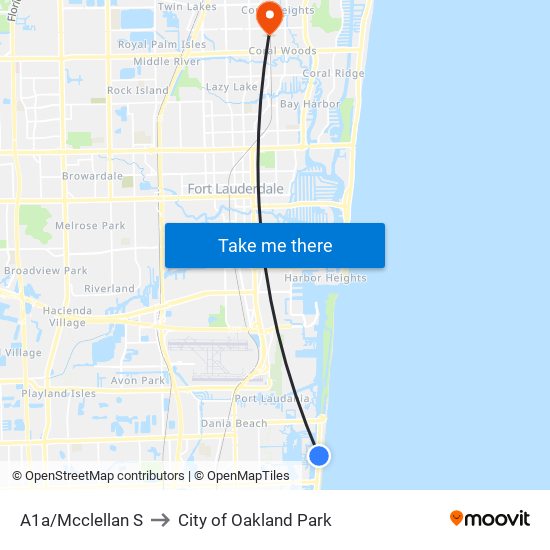 A1a/Mcclellan S to City of Oakland Park map