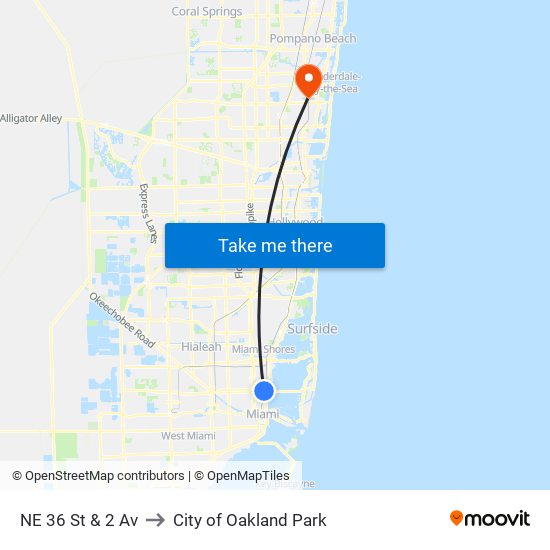 NE 36 St & 2 Av to City of Oakland Park map