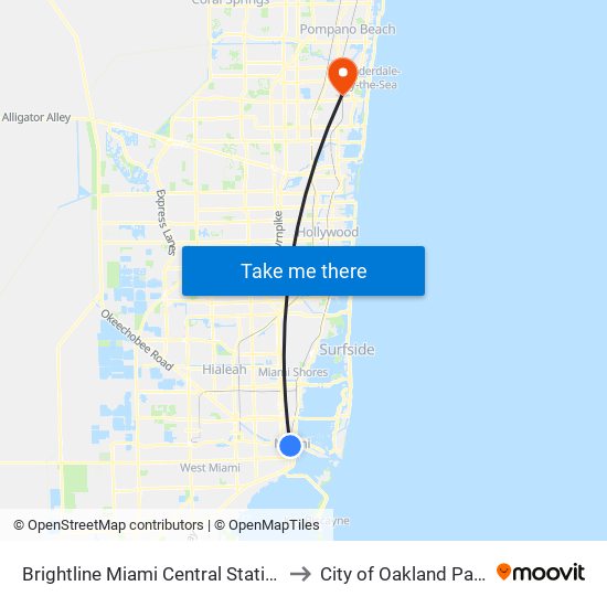 Brightline Miami Central Station to City of Oakland Park map