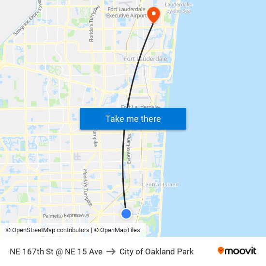 NE 167th St @ NE 15 Ave to City of Oakland Park map