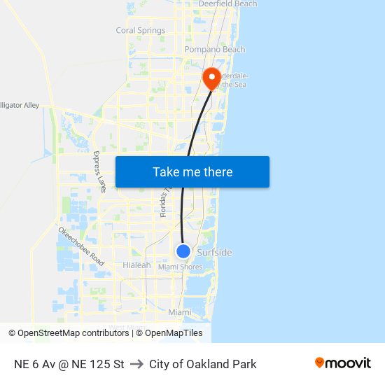 NE 6 Av @ NE 125 St to City of Oakland Park map