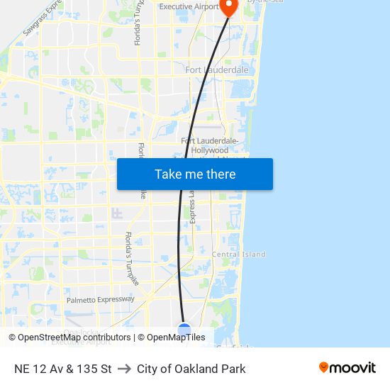 NE 12 Av & 135 St to City of Oakland Park map