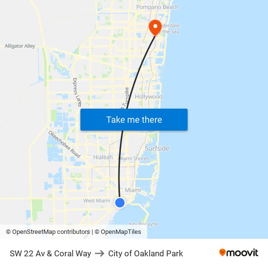 SW 22 Av & Coral Way to City of Oakland Park map