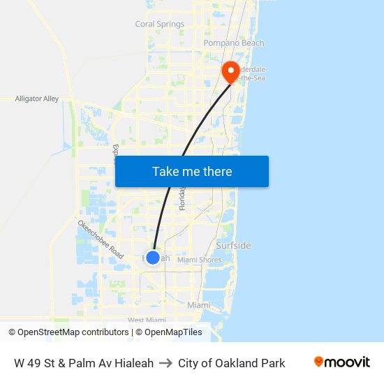 W 49 St & Palm Av Hialeah to City of Oakland Park map