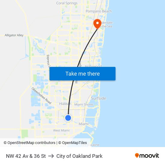 NW 42 Av & 36 St to City of Oakland Park map