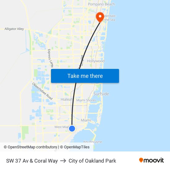 SW 37 Av & Coral Way to City of Oakland Park map