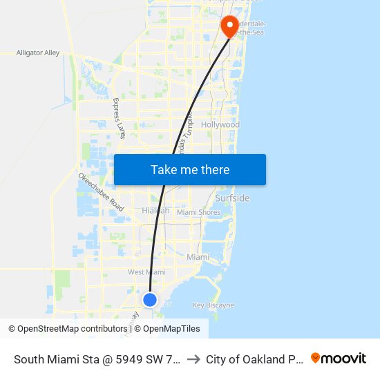 South Miami Sta @ 5949 SW 72 St to City of Oakland Park map