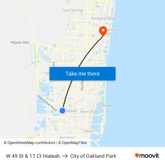 W 49 St & 17 Ct Hialeah to City of Oakland Park map