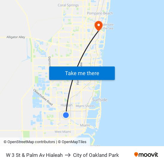 W 3 St & Palm Av Hialeah to City of Oakland Park map