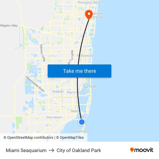 Miami Seaquarium to City of Oakland Park map