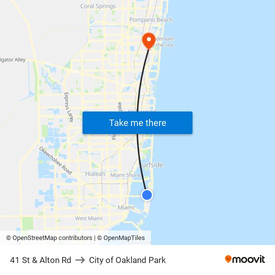 41 St & Alton Rd to City of Oakland Park map