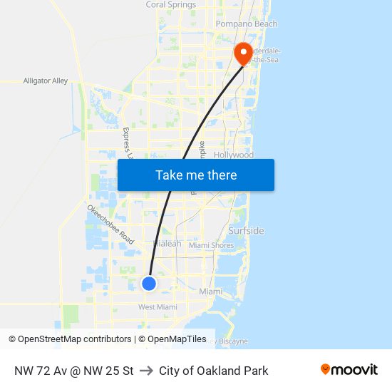 NW 72 Av @ NW 25 St to City of Oakland Park map