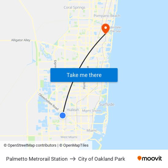 Palmetto Metrorail Station to City of Oakland Park map