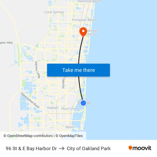 96 St & E Bay Harbor Dr to City of Oakland Park map