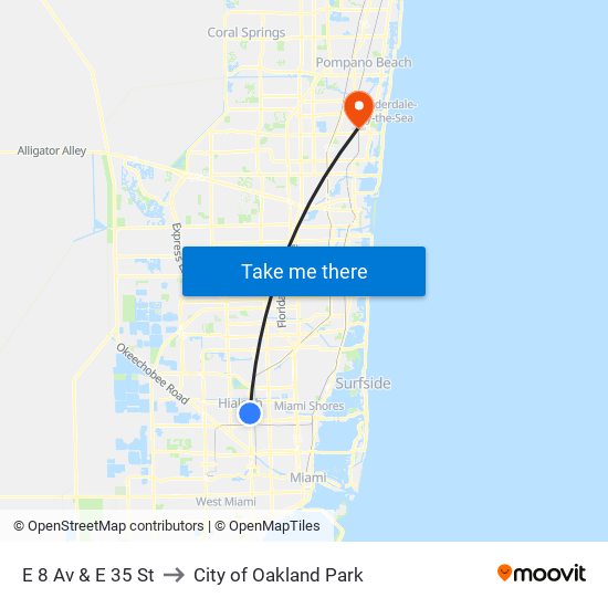 E 8 Av & E 35 St to City of Oakland Park map