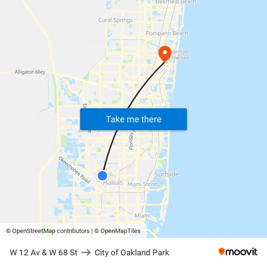 W 12 Av & W 68 St to City of Oakland Park map