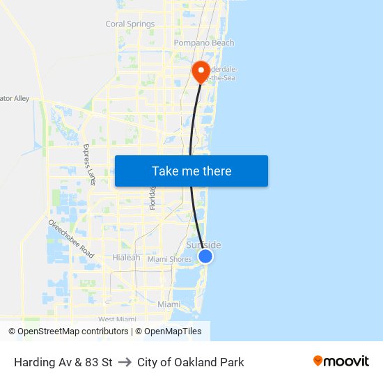 Harding Av & 83 St to City of Oakland Park map