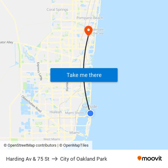 Harding Av & 75 St to City of Oakland Park map