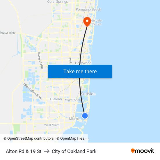 Alton Rd & 19 St to City of Oakland Park map