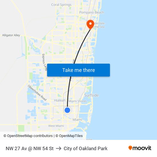 NW 27 Av @ NW 54 St to City of Oakland Park map