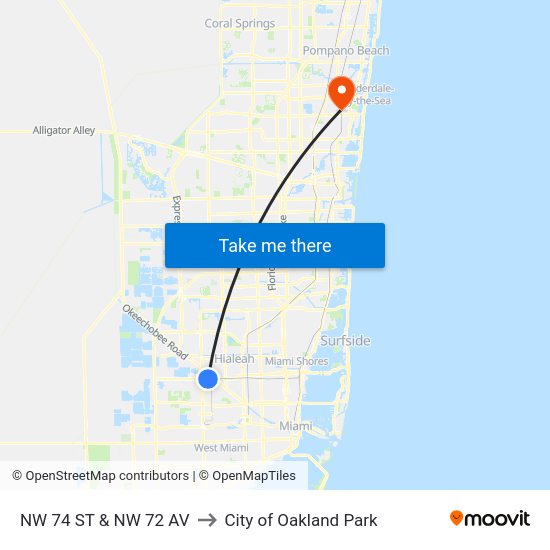 NW 74 ST & NW 72 AV to City of Oakland Park map