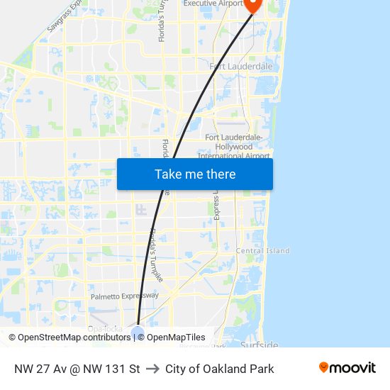 NW 27 Av @ NW 131 St to City of Oakland Park map