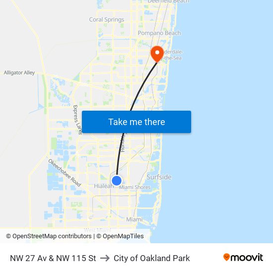 NW 27 Av & NW 115 St to City of Oakland Park map