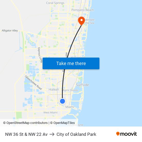 NW 36 St & NW 22 Av to City of Oakland Park map