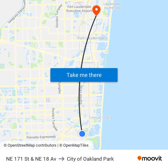 NE 171 St & NE 18 Av to City of Oakland Park map