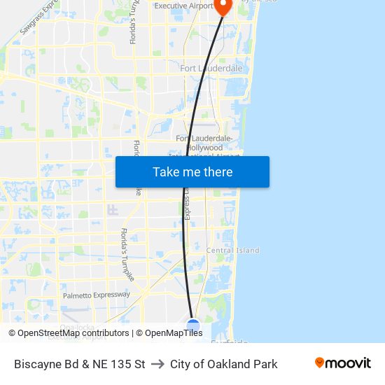 Biscayne Bd & NE 135 St to City of Oakland Park map