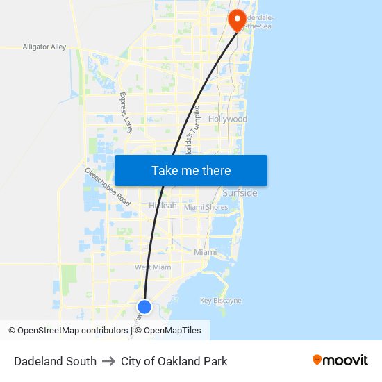 Dadeland South to City of Oakland Park map