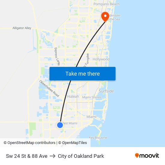 Sw 24 St & 88 Ave to City of Oakland Park map
