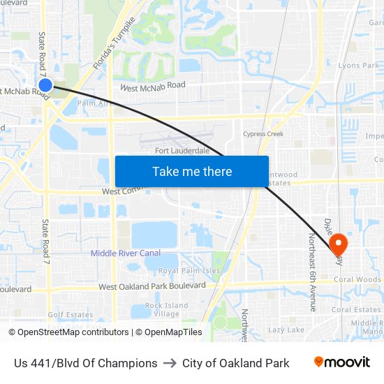 Us 441/Blvd Of Champions to City of Oakland Park map