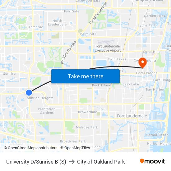 University D/Sunrise B (S) to City of Oakland Park map