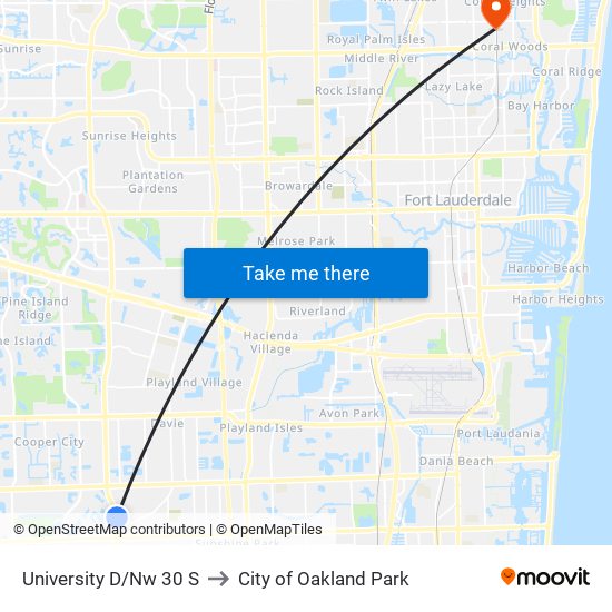 University D/Nw 30 S to City of Oakland Park map