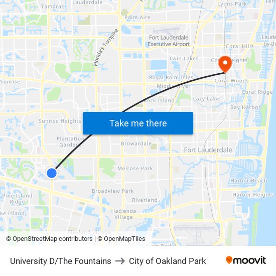 University D/The Fountains to City of Oakland Park map