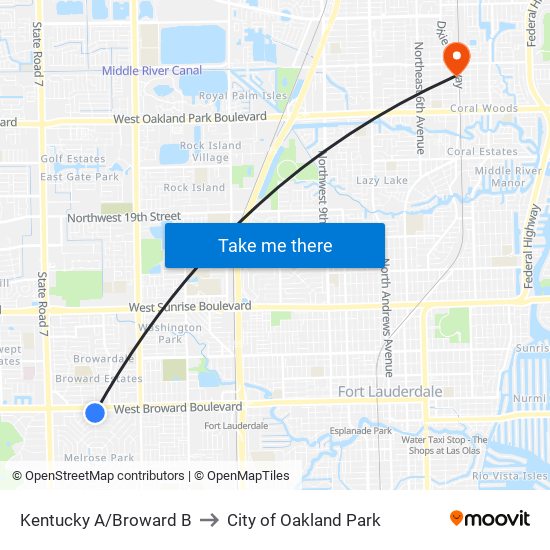 Kentucky A/Broward B to City of Oakland Park map