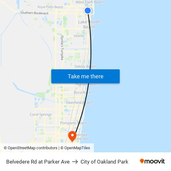 Belvedere Rd at  Parker Ave to City of Oakland Park map