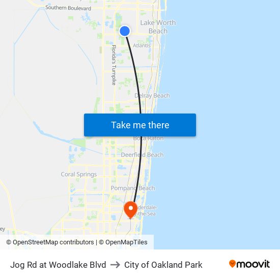 Jog Rd at Woodlake Blvd to City of Oakland Park map