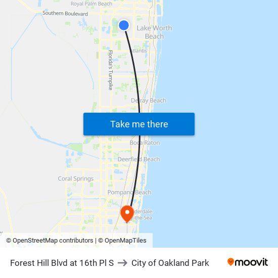 Forest Hill Blvd at 16th Pl S to City of Oakland Park map