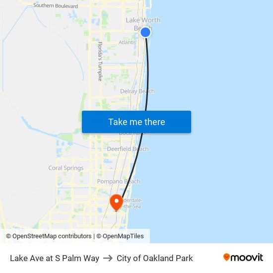 Lake Ave at S Palm Way to City of Oakland Park map