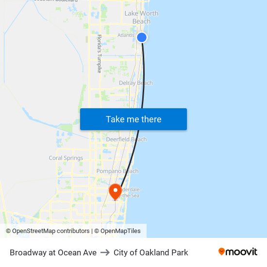 Broadway at Ocean Ave to City of Oakland Park map