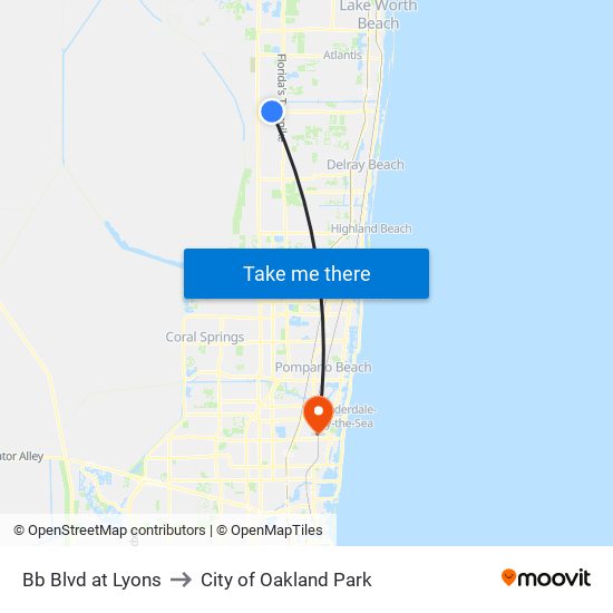 Bb Blvd at Lyons to City of Oakland Park map