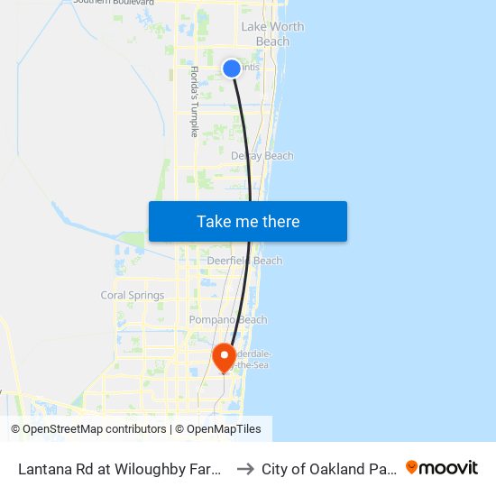 Lantana Rd at  Wiloughby Farms to City of Oakland Park map