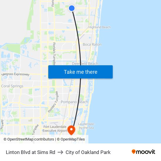 Linton Blvd at Sims Rd to City of Oakland Park map