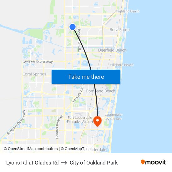 Lyons Rd at Glades Rd to City of Oakland Park map