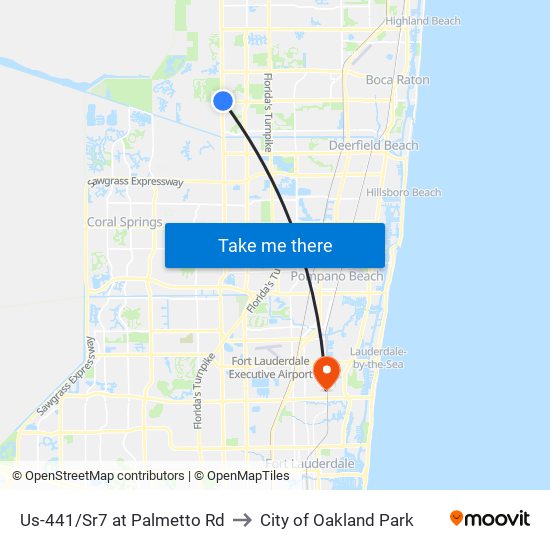 Us-441/Sr7 at Palmetto Rd to City of Oakland Park map