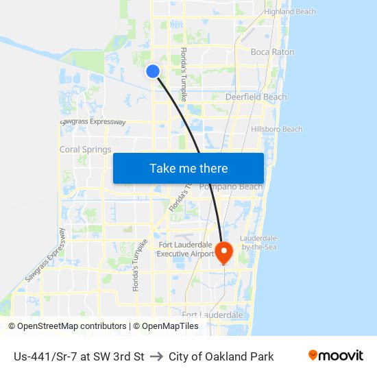 Us-441/Sr-7 at SW 3rd St to City of Oakland Park map